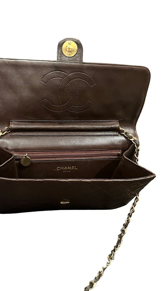Chanel, single Flap, braunes Lammleder, 25x19cm - designer second hand vienna